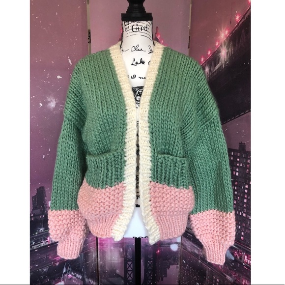 Cardigan sweater boho knit puff sleeve thick chic chunky green pink - Picture 14 of 14